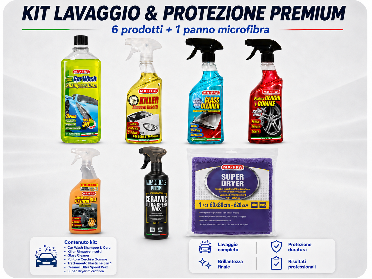 Kit Lavaggio & Protezione Premium MA-FRA – 6 Prodotti + Panno Super Dryer 60x80