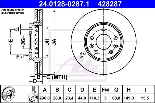 Disco freno ventilato ATE 296 mm