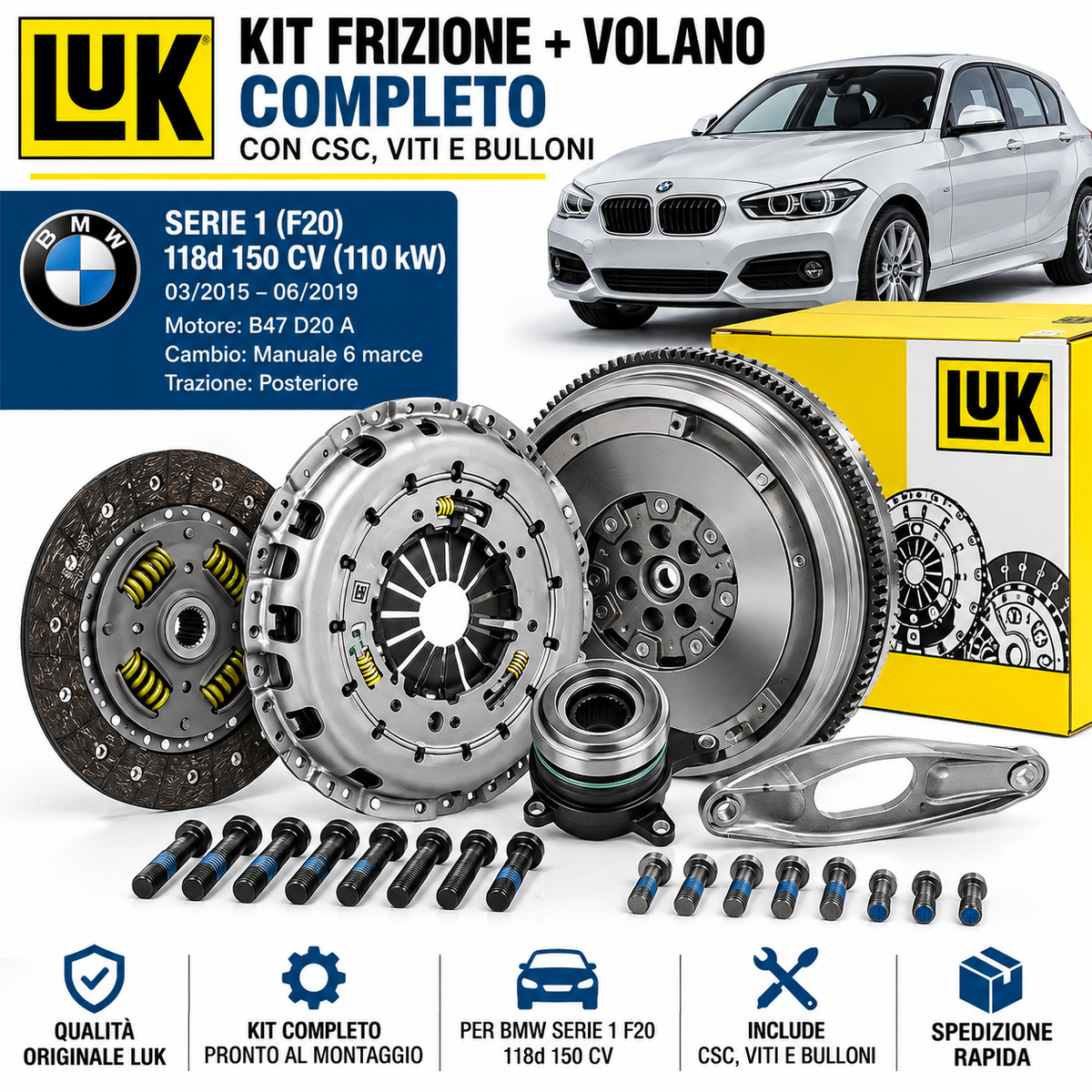 Kit frizione e volano LuK completo BMW Serie 1 F20 118d 150 CV B47