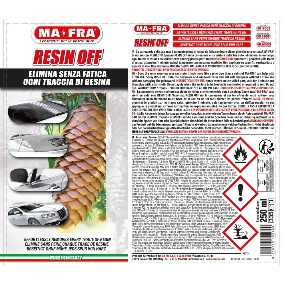 MA-FRA Resin Off 250 ml – Rimuovi Resina e Salsedine Auto