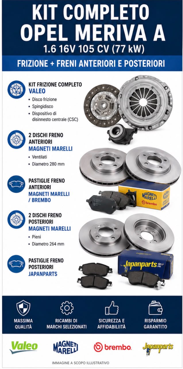 Kit Completo Opel Meriva A 1.6 16V 105 CV – Frizione Valeo + Freni Anteriori e Posteriori