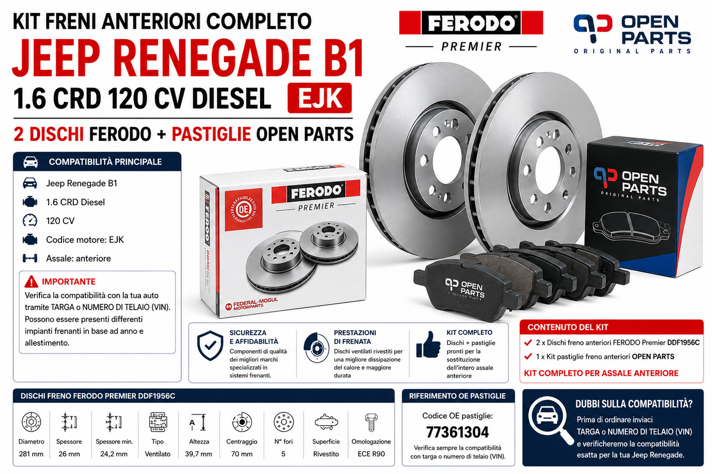 Kit Freni Anteriori Jeep Renegade 1.6 CRD 120 CV EJK – Dischi Ferodo + Pastiglie Open Parts
