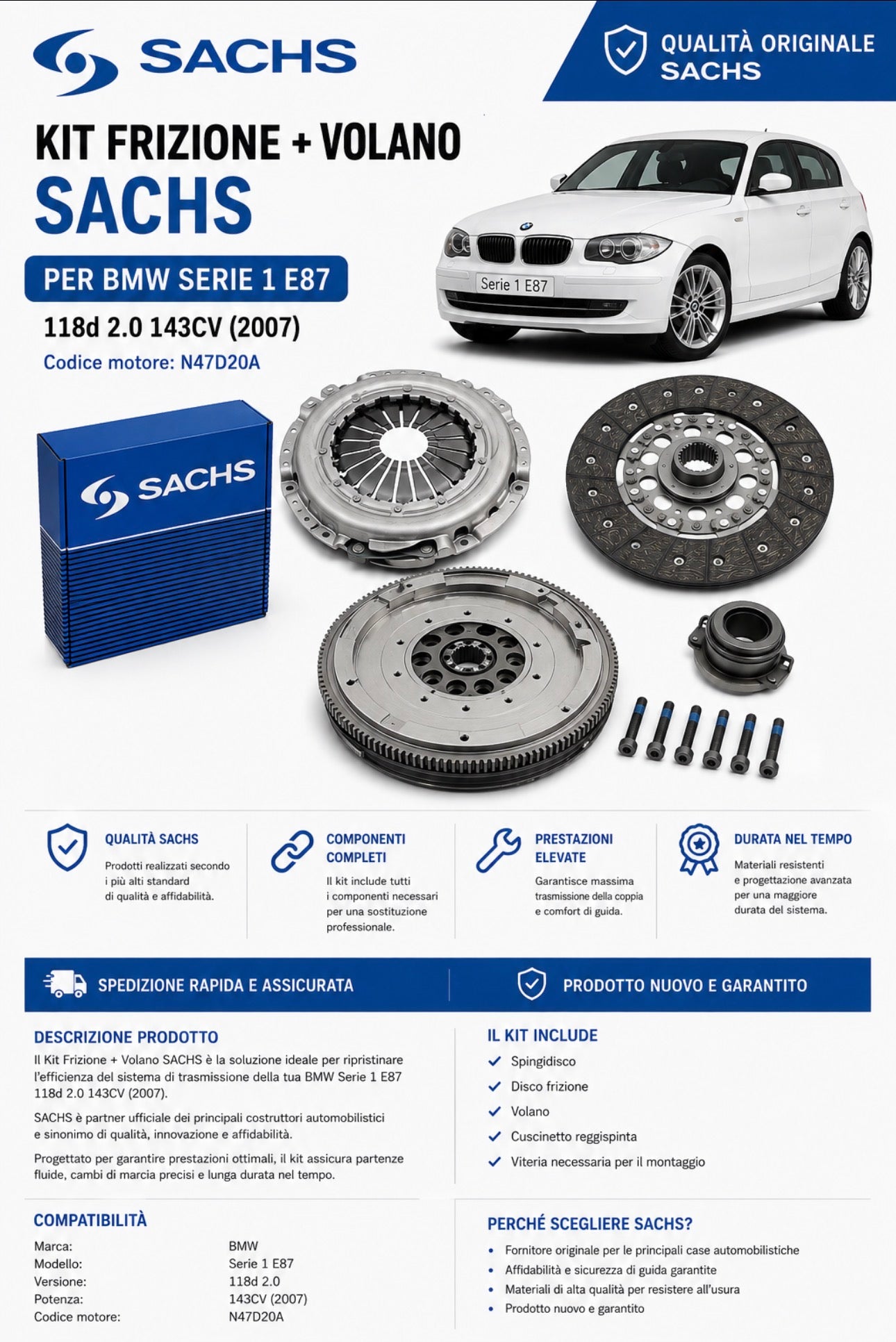 Kit Frizione + Volano SACHS BMW Serie 1 E87 118d 2.0 143CV – N47D20A