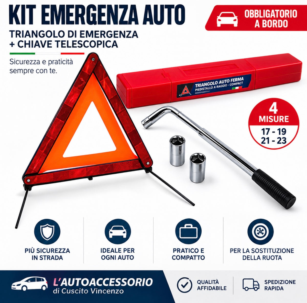 Kit Emergenza Auto – Triangolo di Segnalazione + Chiave Ruote Telescopica 17-19-21-23 mm