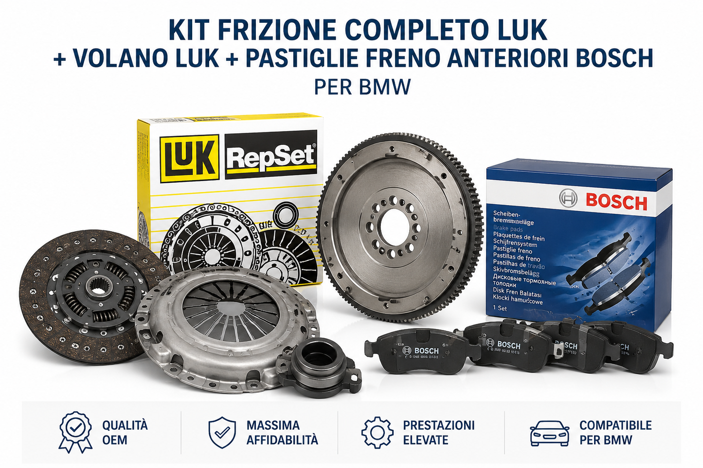 Kit frizione completo Luk + volano Luk + Pastiglie freno Anteriori Bosch per BMW