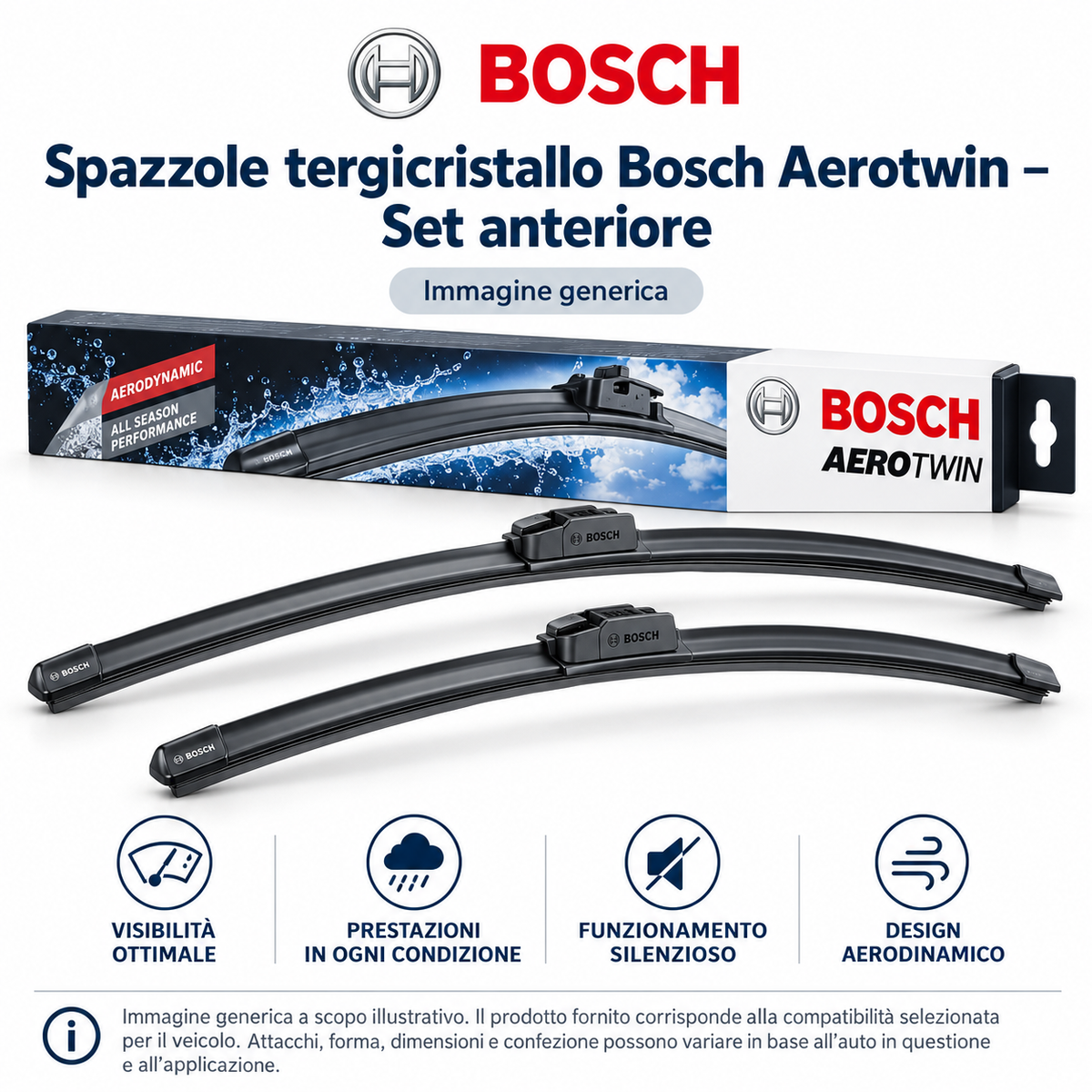 Spazzole tergicristallo Bosch Aerotwin set anteriore - immagine generica illustrativa; attacchi e forma variano in base al veicolo