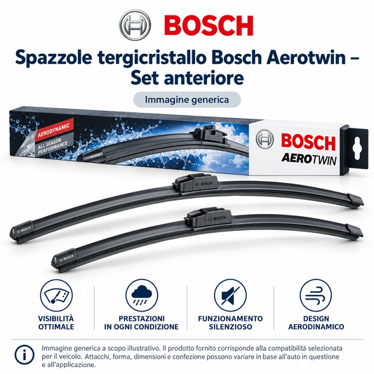 Spazzole tergicristallo Bosch Aerotwin set anteriore - immagine generica illustrativa; attacchi e forma variano in base al veicolo