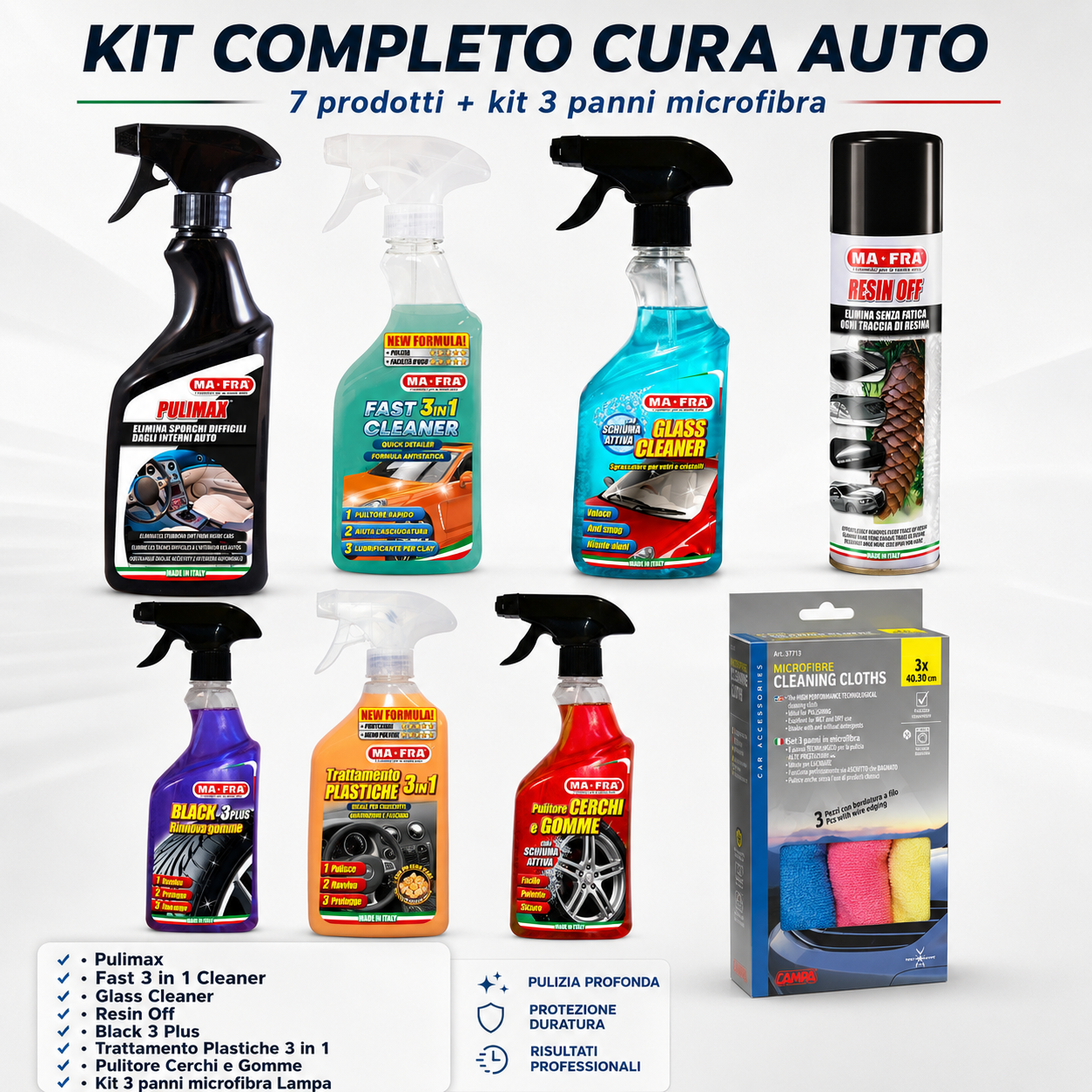 Kit Cura Auto Completa – Interni, Esterni, Vetri, Cerchi e Gomme